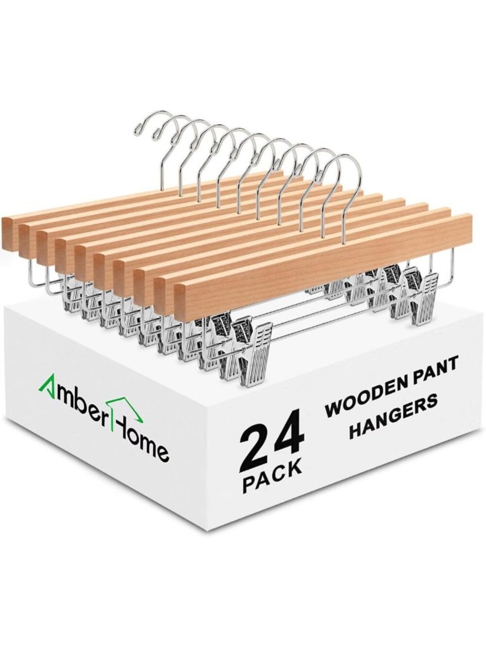 Natural Wooden Pants Hangers 24 Pack with Adjustable Clips, 14" - Closet